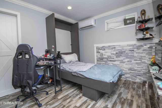 1246 Laurel Bluff Rd, Kingston, TN 37763 - bedroom with a wall mounted AC, wood finished floors, an office area, crown molding, and recessed lighting