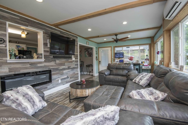 1246 Laurel Bluff Rd, Kingston, TN 37763 - living area featuring a wall mounted AC, ceiling fan, recessed lighting, crown molding, and wood finished floors