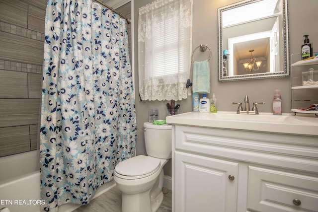 1246 Laurel Bluff Rd, Kingston, TN 37763 - bathroom with vanity, shower / bath combination with curtain, and a chandelier