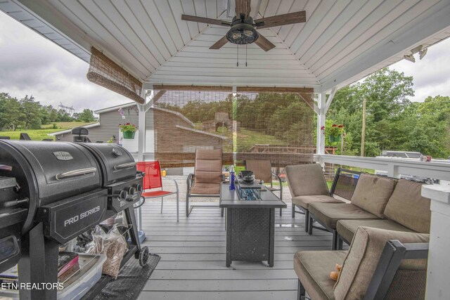 1246 Laurel Bluff Rd, Kingston, TN 37763 - deck with an outdoor living space, ceiling fan, area for grilling, and a gazebo
