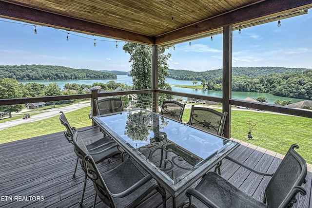 226 Mountain Crest Dr, Lafollette, TN 37766 - wooden terrace featuring a water view, a lawn, and outdoor dining space