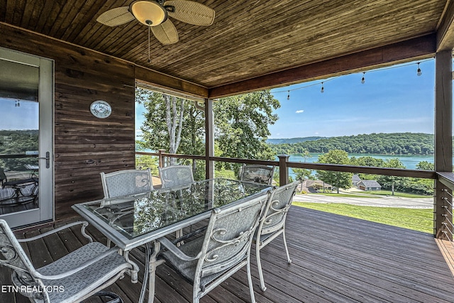 226 Mountain Crest Dr, Lafollette, TN 37766 - wooden terrace featuring a ceiling fan, outdoor dining space, and a water view