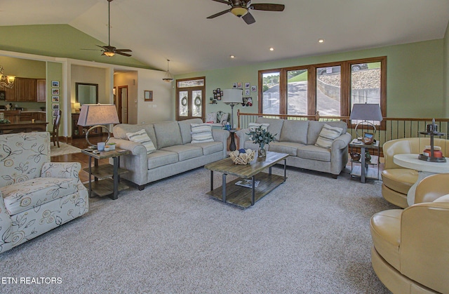 226 Mountain Crest Dr, Lafollette, TN 37766 - carpeted living area featuring a ceiling fan, vaulted ceiling, recessed lighting, a chandelier, and a wainscoted wall