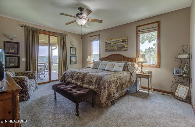 226 Mountain Crest Dr, Lafollette, TN 37766 - bedroom with access to exterior, carpet floors, multiple windows, and ceiling fan