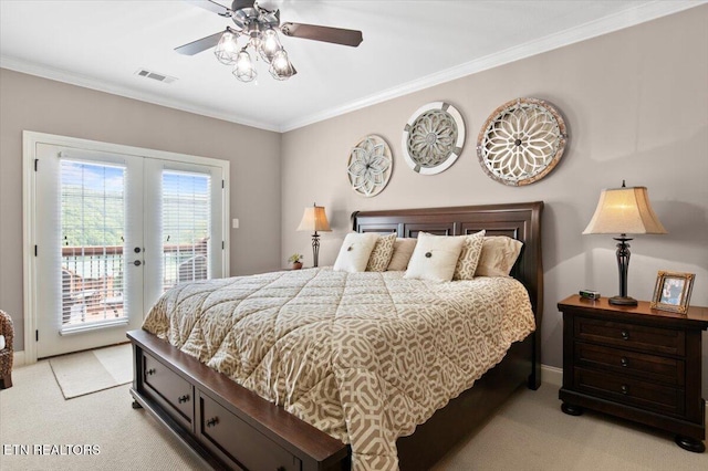 140 Broadleaf Ln Unit 100, Caryville, TN 37714 - bedroom with light colored carpet, access to exterior, french doors, ornamental molding, and a ceiling fan