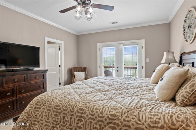 140 Broadleaf Ln Unit 100, Caryville, TN 37714 - bedroom with access to exterior, crown molding, french doors, and ceiling fan
