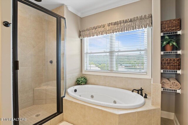 140 Broadleaf Ln Unit 100, Caryville, TN 37714 - bathroom with a whirlpool tub, a stall shower, and crown molding
