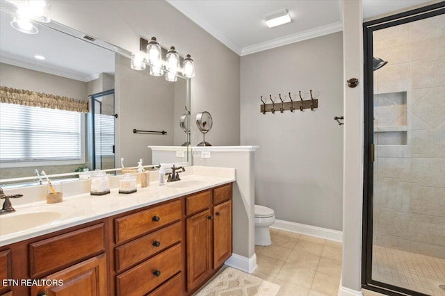 140 Broadleaf Ln Unit 100, Caryville, TN 37714 - bathroom with a shower stall, crown molding, double vanity, and tile patterned flooring