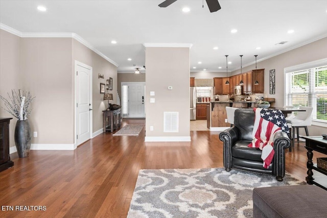 140 Broadleaf Ln Unit 100, Caryville, TN 37714 - living area featuring ceiling fan, ornamental molding, light wood-type flooring, and recessed lighting