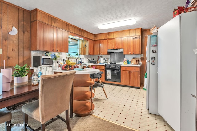 3413 N Fountaincrest Dr, Knoxville, TN 37918 - kitchen featuring under cabinet range hood, electric range, stainless steel microwave, freestanding refrigerator, and brown cabinetry