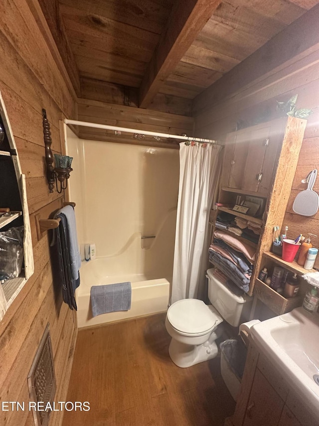 487 Straight Branch Rd, Speedwell, TN 37870 - bathroom with wood ceiling, wood walls, wood finished floors, and shower / tub combo with curtain