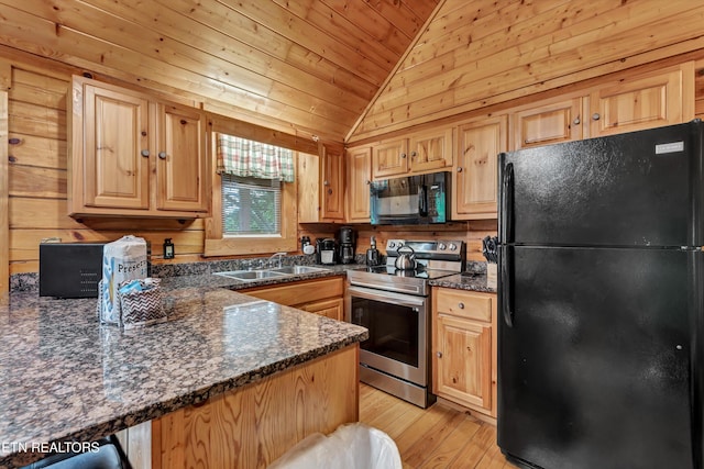 1528 Rainbow Ridge Way, Sevierville, TN 37862 - kitchen with black appliances, lofted ceiling, wood ceiling, light wood-style floors, and light brown cabinets