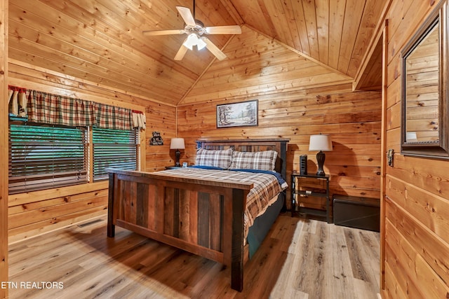 1528 Rainbow Ridge Way, Sevierville, TN 37862 - bedroom featuring lofted ceiling, wooden ceiling, wood walls, wood finished floors, and a ceiling fan