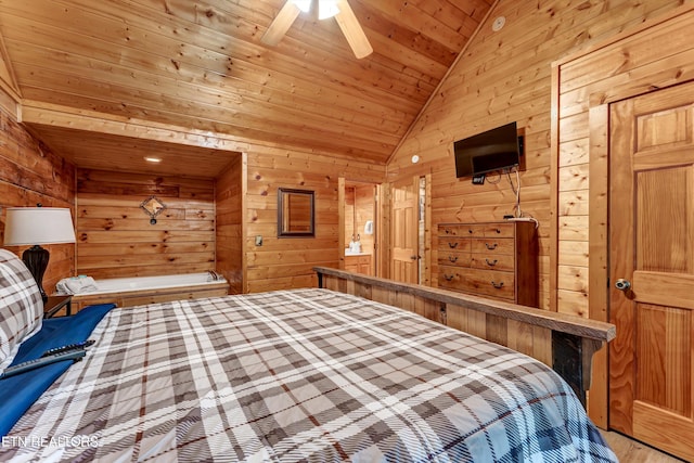 1528 Rainbow Ridge Way, Sevierville, TN 37862 - bedroom with vaulted ceiling, wooden walls, wood ceiling, and a ceiling fan