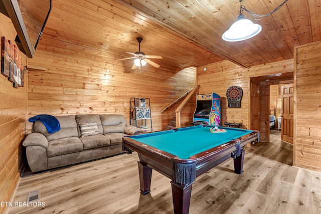 1528 Rainbow Ridge Way, Sevierville, TN 37862 - playroom featuring billiards, wooden ceiling, a ceiling fan, wood walls, and wood finished floors