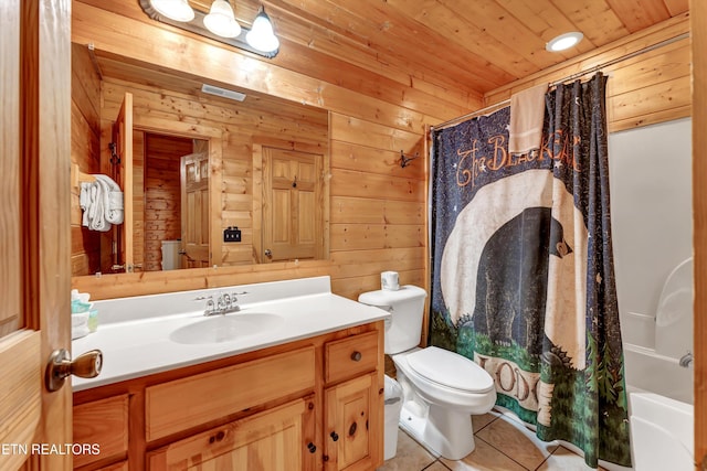 1528 Rainbow Ridge Way, Sevierville, TN 37862 - bathroom featuring tile patterned flooring, wooden ceiling, wood walls, vanity, and shower / bathtub combination with curtain