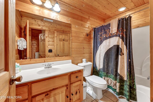 1528 Rainbow Ridge Way, Sevierville, TN 37862 - bathroom featuring tile patterned flooring, wooden ceiling, wood walls, vanity, and shower / bathtub combination with curtain
