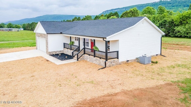 132 Galloway Airport Rd, Dunlap, TN 37327 - view of front of home featuring crawl space, covered porch, concrete driveway, roof with shingles, and a mountain view
