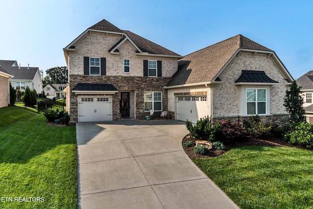 11914 Sandy Run Rd, Knoxville, TN 37934 - view of front facade with driveway, a front lawn, a standing seam roof, stone siding, and brick siding