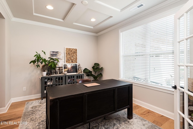 11914 Sandy Run Rd, Knoxville, TN 37934 - office area with light wood-style floors, coffered ceiling, and ornamental molding