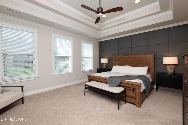 11914 Sandy Run Rd, Knoxville, TN 37934 - bedroom featuring ornamental molding, multiple windows, a raised ceiling, light carpet, and a ceiling fan