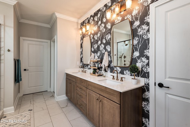 11914 Sandy Run Rd, Knoxville, TN 37934 - bathroom featuring double vanity, ornamental molding, marble look tile flooring, wallpapered walls, and a shower with shower door