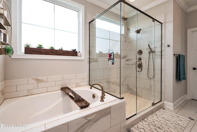 11914 Sandy Run Rd, Knoxville, TN 37934 - bathroom with crown molding, a stall shower, a garden tub, and marble finish floors