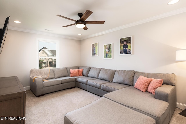 11914 Sandy Run Rd, Knoxville, TN 37934 - living area featuring light colored carpet, recessed lighting, ceiling fan, and ornamental molding