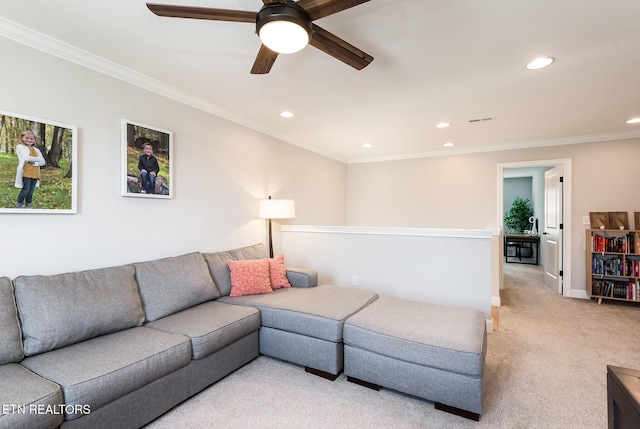 11914 Sandy Run Rd, Knoxville, TN 37934 - carpeted living area featuring recessed lighting, a ceiling fan, ornamental molding, and healthy amount of natural light