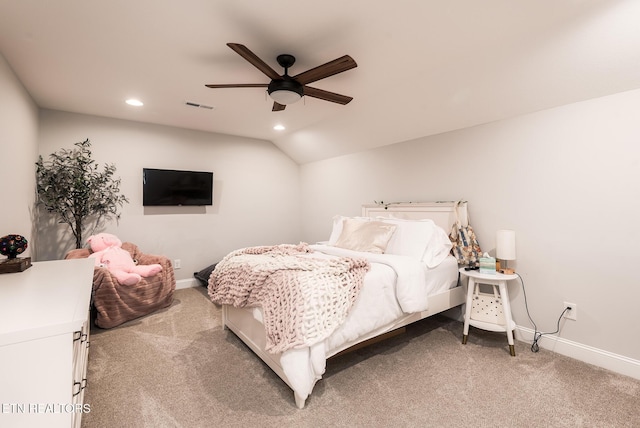 11914 Sandy Run Rd, Knoxville, TN 37934 - bedroom with light carpet, recessed lighting, vaulted ceiling, and a ceiling fan