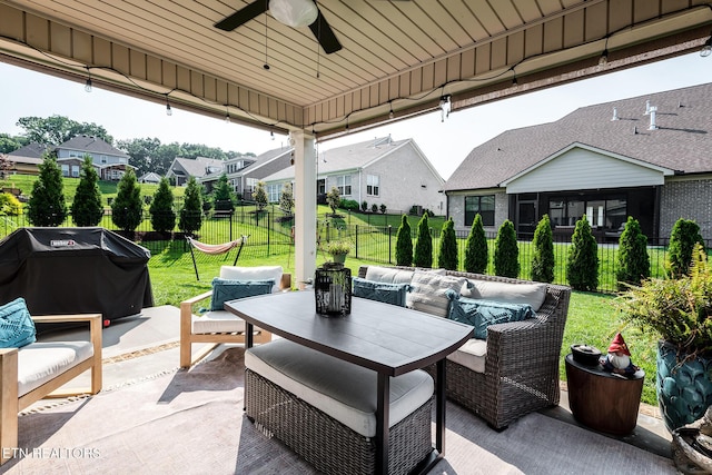 11914 Sandy Run Rd, Knoxville, TN 37934 - view of patio / terrace featuring a ceiling fan, a grill, outdoor dining space, and a residential view