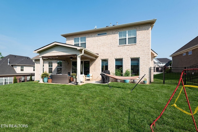 11914 Sandy Run Rd, Knoxville, TN 37934 - rear view of house featuring an outdoor living space, a patio area, a ceiling fan, and a fenced backyard