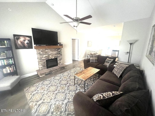 326 Shooting Star Loop Unit 201, Townsend, TN 37882 - living room with wood finished floors, a ceiling fan, a stone fireplace, and high vaulted ceiling