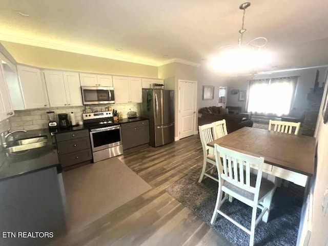 326 Shooting Star Loop Unit 201, Townsend, TN 37882 - kitchen featuring stainless steel appliances, dark countertops, white cabinets, decorative backsplash, and ornamental molding