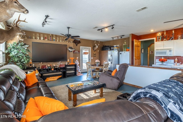 361 River Dr, Dunlap, TN 37327 - living area featuring rail lighting, finished concrete floors, ceiling fan, and a textured ceiling