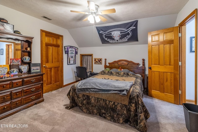 361 River Dr, Dunlap, TN 37327 - bedroom with light colored carpet, lofted ceiling, ceiling fan, and a textured ceiling