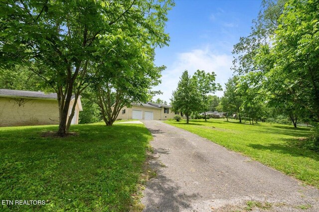 220 Lillywood Dr, Lafollette, TN 37766 - view of property hidden behind natural elements with a front lawn, asphalt driveway, and a garage