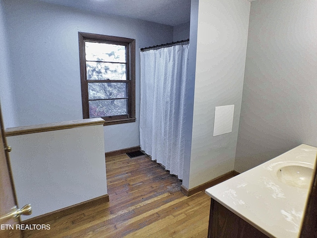 705 S 11th St, Lafollette, TN 37766 - bathroom featuring vanity, wood finished floors, and a shower with shower curtain
