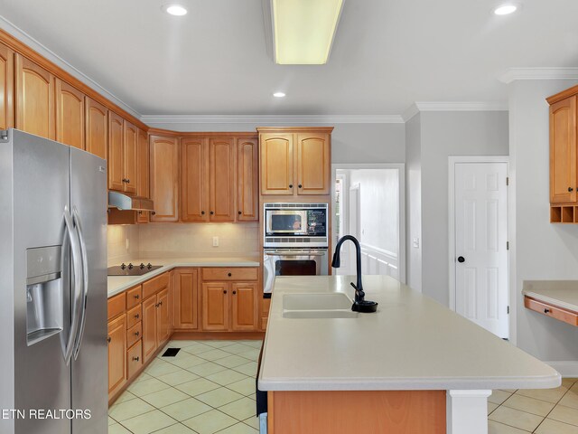 1511 Atlee Summit Ln, Knoxville, TN 37931 - kitchen featuring appliances with stainless steel finishes, under cabinet range hood, light countertops, crown molding, and light tile patterned floors