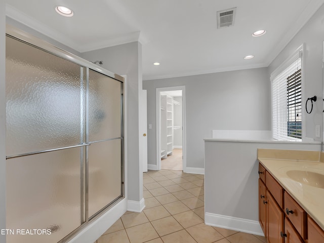 1511 Atlee Summit Ln, Knoxville, TN 37931 - full bathroom with vanity, a stall shower, ornamental molding, tile patterned flooring, and recessed lighting