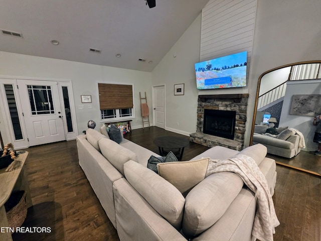 6312 Knightsboro Rd, Knoxville, TN 37912 - living room with high vaulted ceiling, wood finished floors, and a fireplace