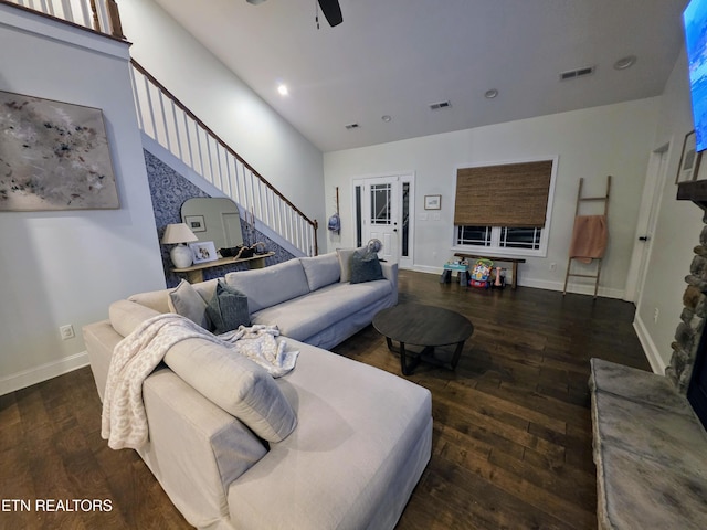 6312 Knightsboro Rd, Knoxville, TN 37912 - living area with stairway, hardwood / wood-style flooring, ceiling fan, and recessed lighting