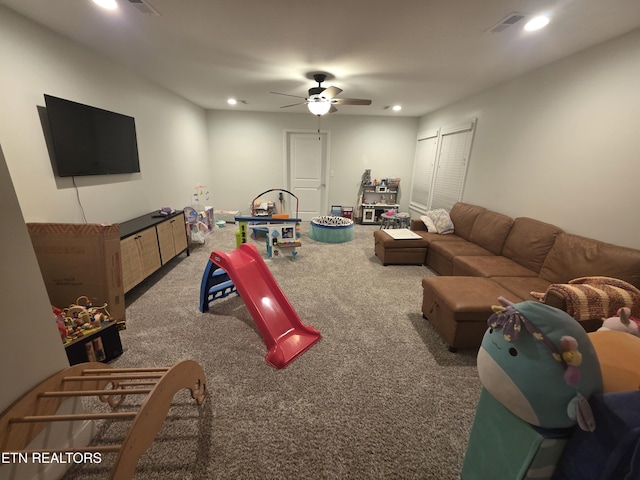 6312 Knightsboro Rd, Knoxville, TN 37912 - game room featuring ceiling fan, carpet flooring, and recessed lighting