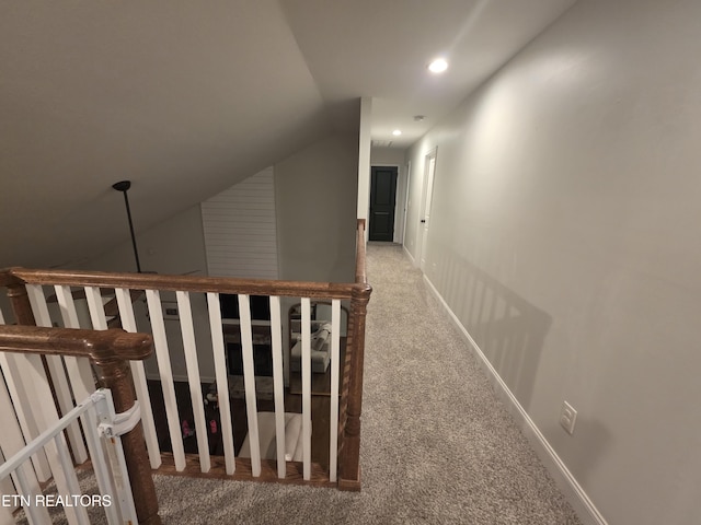 6312 Knightsboro Rd, Knoxville, TN 37912 - hall featuring carpet floors, vaulted ceiling, an upstairs landing, and recessed lighting