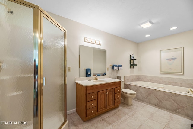 152 Eagle Crst, Tazewell, TN 37879 - bathroom with tile patterned flooring, vanity, a shower stall, a bath, and recessed lighting