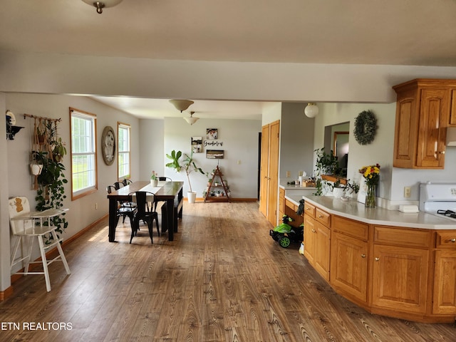 1865 Campground Rd, Clarkrange, TN 38553 - kitchen featuring light countertops, dark wood-type flooring, white electric range oven, and brown cabinets
