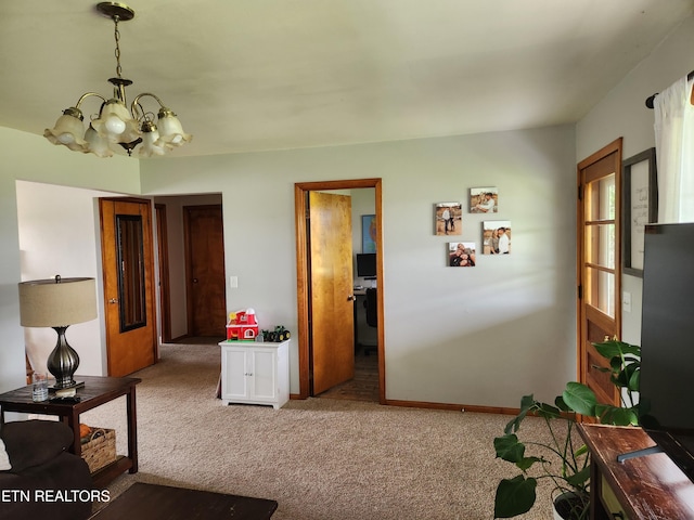 1865 Campground Rd, Clarkrange, TN 38553 - hall featuring a chandelier and carpet flooring