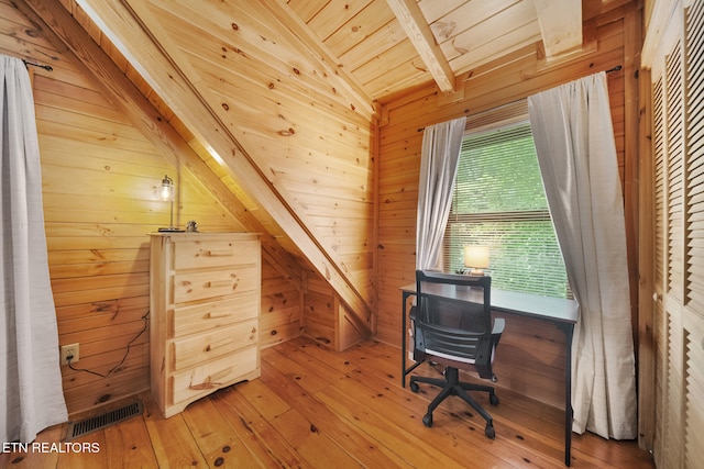 3319 Covered Bridge Way, Sevierville, TN 37862 - office space featuring wooden walls, light wood-type flooring, and wooden ceiling