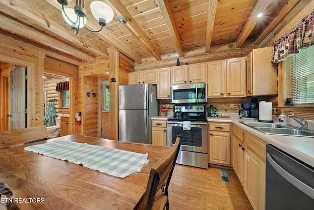 3319 Covered Bridge Way, Sevierville, TN 37862 - kitchen with appliances with stainless steel finishes, a wooden ceiling with exposed beams, light wood finished floors, light brown cabinetry, and light countertops