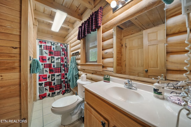 3319 Covered Bridge Way, Sevierville, TN 37862 - full bathroom featuring log walls, a wood ceiling with exposed beams, vanity, tile patterned floors, and a shower with shower curtain